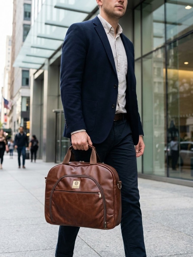 Corporate Gifts South Africa - Handcrafted Full-Grain Bovine Leather Executive Laptop Bag on Model in Corporate Summit Event