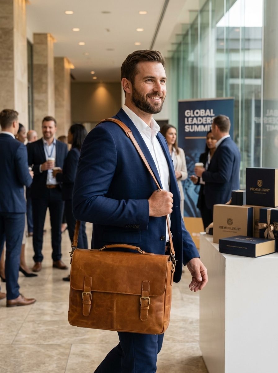 Corporate Gifts South Africa - Handcrafted Full-Grain Bovine Leather Executive Laptop Bag on Model in Corporate Summit Event